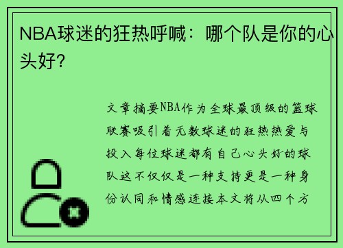 NBA球迷的狂热呼喊：哪个队是你的心头好？