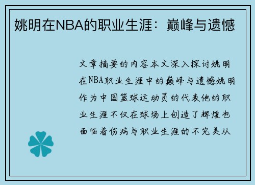 姚明在NBA的职业生涯：巅峰与遗憾